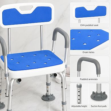 BAOURE Aluminum Padded Shower Chair Adjustable Height Antislip with Arms and Back