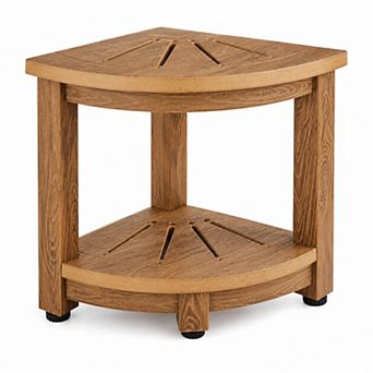 BAOURE Polystyrene Faux Wood Corner Shower Bench with Storage Shelf 350 LBS Capacity
