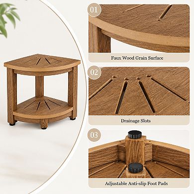 BAOURE Polystyrene Faux Wood Corner Shower Bench with Storage Shelf 350 LBS Capacity