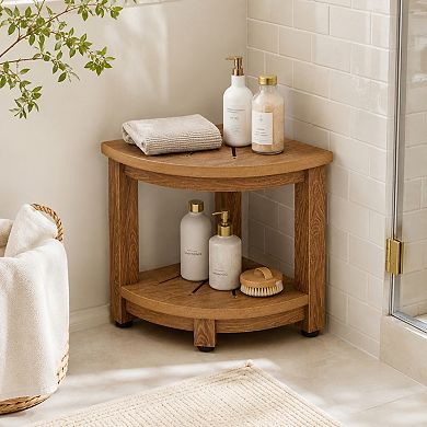 BAOURE Polystyrene Faux Wood Corner Shower Bench with Storage Shelf 350 LBS Capacity