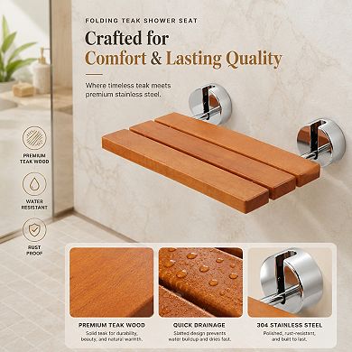 BAOURE Teak Wood Folding Wall Mounted Shower Seat 440 Lbs Load Capacity For Home Care