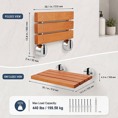 BAOURE Teak Wood Folding Wall Mounted Shower Seat 440 Lbs Load Capacity For Home Care