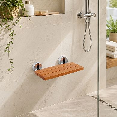 BAOURE Teak Wood Folding Wall Mounted Shower Seat 440 Lbs Load Capacity For Home Care