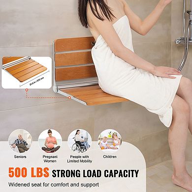 BAOURE Teak Wood Folding Wall Mount Shower Seat 500 Lbs Load Capacity Space Saving