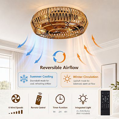 BAOURE Iron Boho Flush Mount Ceiling Fan Light With Remote For Living Room Bedroom