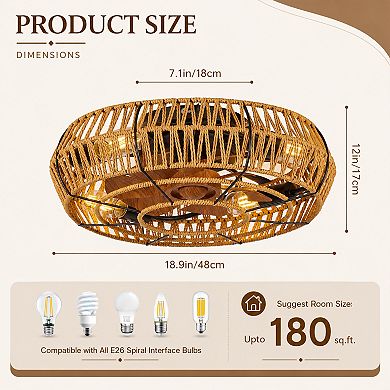 BAOURE Iron Boho Flush Mount Ceiling Fan Light With Remote For Living Room Bedroom