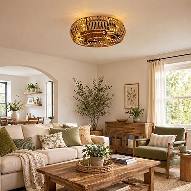 BAOURE Iron Boho Flush Mount Ceiling Fan Light With Remote For Living Room Bedroom