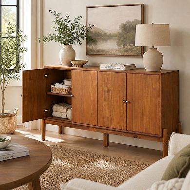 BAOURE MDF And Acacia Veneer Four Door Sideboard Buffet Cabinet With Metal Handles