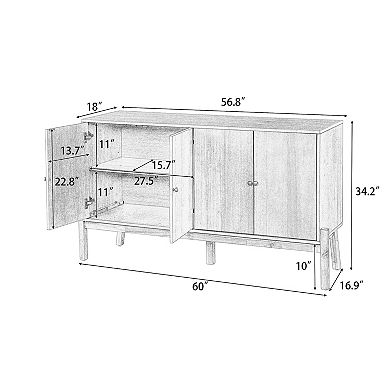 BAOURE MDF And Acacia Veneer Four Door Sideboard Buffet Cabinet With Metal Handles