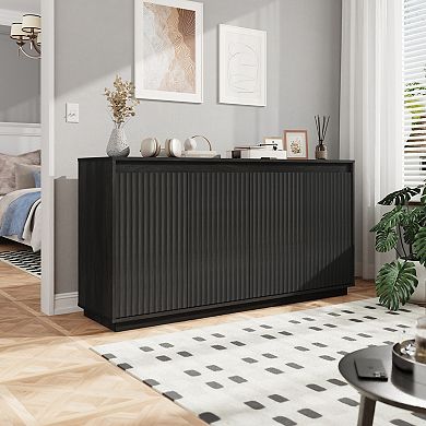 BAOURE Melamine Particle Board Four Door Sideboard Buffet Cabinet with Power Outlet