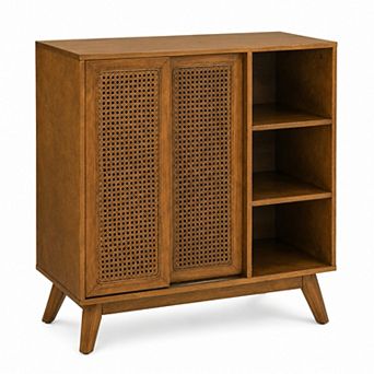 BAOURE MDF Rattan Mid Century Modern Sideboard with Adjustable Shelves and Wood Feet