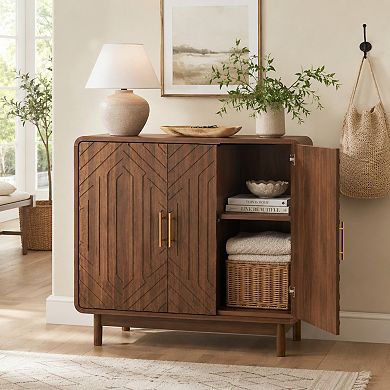 BAOURE Particle Board Modern Carved Side Storage Cabinet with Adjustable Shelves