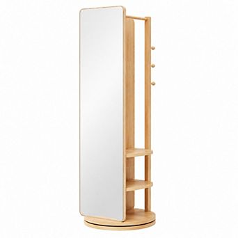 BAOURE Rubber Wood Full Length Mirror With Coat Rack And Storage For Bedroom Use