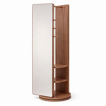 BAOURE Rubber Wood Full Length Mirror With Coat Rack And Storage For Bedroom Use