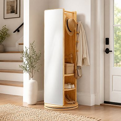 BAOURE Rubber Wood 360 Rotating Full Length Mirror With Coat Rack Storage For Bedroom