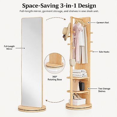 BAOURE Rubber Wood 360 Rotating Full Length Mirror With Coat Rack Storage For Bedroom