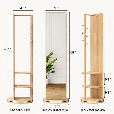 BAOURE Rubber Wood 360 Rotating Full Length Mirror With Coat Rack Storage For Bedroom