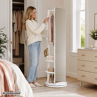 BAOURE Rubber Wood 360 Rotating Full Length Mirror With Coat Rack Storage For Bedroom