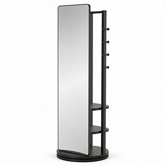 BAOURE Rubber Wood 360 Rotating Full Length Mirror With Coat Rack Storage For Bedroom
