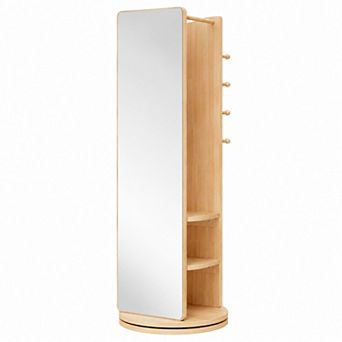 BAOURE Rubber Wood 360 Rotating Full Length Mirror With Coat Rack Storage For Bedroom
