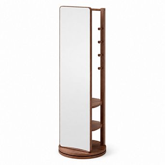 BAOURE Rubber Wood 360 Rotating Full Length Mirror With Coat Rack Storage For Bedroom