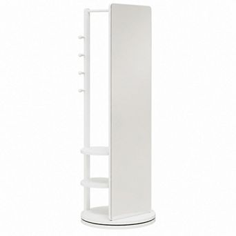 BAOURE Rubber Wood 360 Rotating Full Length Mirror With Coat Rack Storage For Bedroom