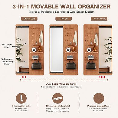 BAOURE Rubber Wood Push Pull Wall Mounted Full Length Mirror For Bedroom Living Room