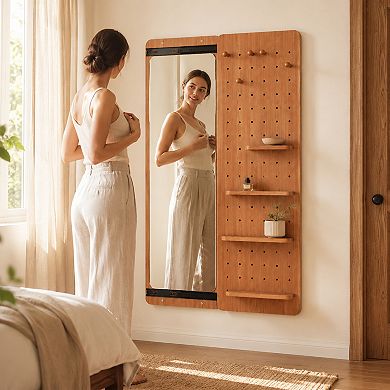 BAOURE Rubber Wood Push Pull Wall Mounted Full Length Mirror For Bedroom Living Room