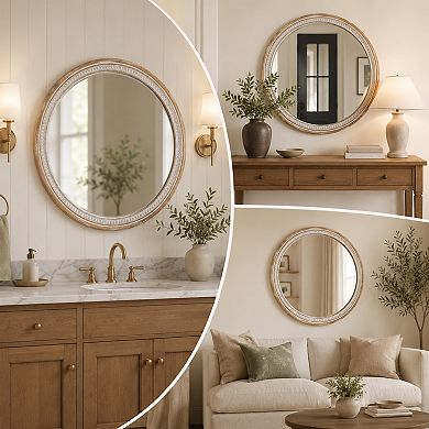 BAOURE Solid Wood Farmhouse Round Wall Mirror For Bathroom Living Room Entryway