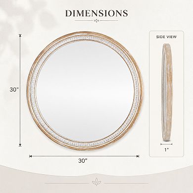 BAOURE Solid Wood Farmhouse Round Wall Mirror For Bathroom Living Room Entryway