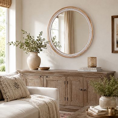 BAOURE Solid Wood Farmhouse Round Wall Mirror For Bathroom Living Room Entryway