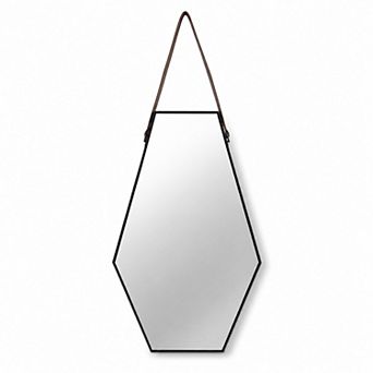 BAOURE MDF Black Hexagonal Wall Mirror With Leather Strap For Living Room And Entryway