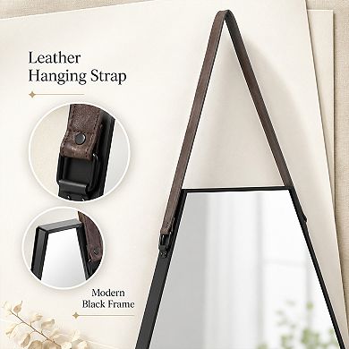 BAOURE MDF Black Hexagonal Wall Mirror With Leather Strap For Living Room And Entryway