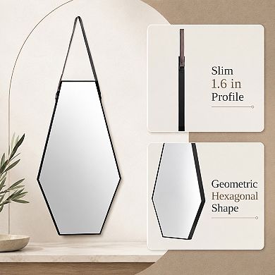 BAOURE MDF Black Hexagonal Wall Mirror With Leather Strap For Living Room And Entryway