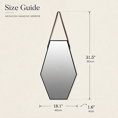 BAOURE MDF Black Hexagonal Wall Mirror With Leather Strap For Living Room And Entryway