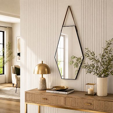 BAOURE MDF Black Hexagonal Wall Mirror With Leather Strap For Living Room And Entryway