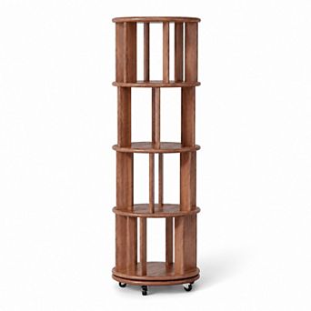 BAOURE Solid Wood 4 tier Rotating Bookshelf On Wheels For Small Spaces Bedroom Office