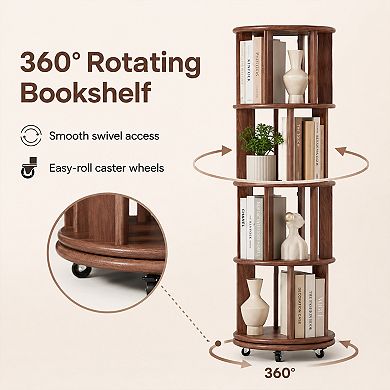 BAOURE Solid Wood 4 Tier Rotating Bookshelf On Wheels For Small Spaces Bedroom Office
