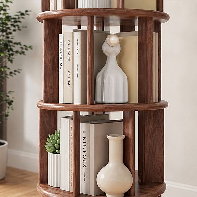 BAOURE Solid Wood 4 Tier Rotating Bookshelf On Wheels For Small Spaces Bedroom Office