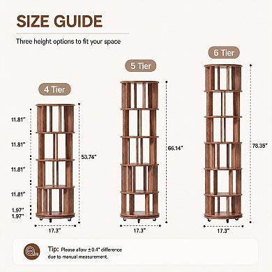 BAOURE Solid Wood 4 Tier Rotating Bookshelf On Wheels For Small Spaces Bedroom Office