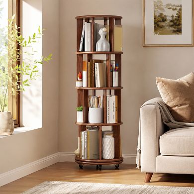 BAOURE Solid Wood 4 Tier Rotating Bookshelf On Wheels For Small Spaces Bedroom Office
