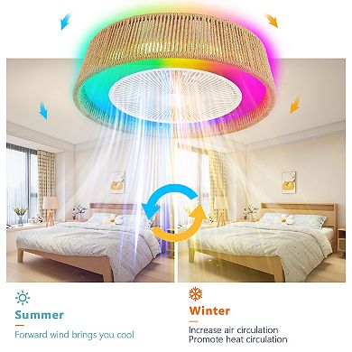 BAOURE Hemp Rope Rustic Ceiling Fan Light With RGB Lighting For Bedroom Living Room