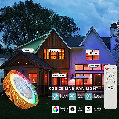 BAOURE Hemp Rope Rustic Ceiling Fan Light With RGB Lighting For Bedroom Living Room