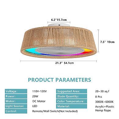 BAOURE Hemp Rope Rustic Ceiling Fan Light With RGB Lighting For Bedroom Living Room