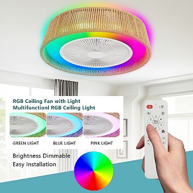 BAOURE Hemp Rope Rustic Ceiling Fan Light With RGB Lighting For Bedroom Living Room