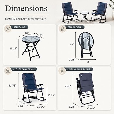 BAOURE Oxford Fabric 3 Piece Patio Set Folding Rocking Chairs For Porch Camping Balcony