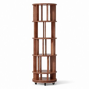 BAOURE Solid Rubberwood 5 tier Rotating Rolling Bookshelf For Small Spaces Office
