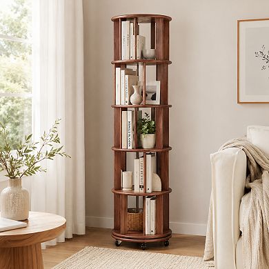 BAOURE Solid Rubberwood 5 Tier Rotating Rolling Bookshelf For Small Spaces Office