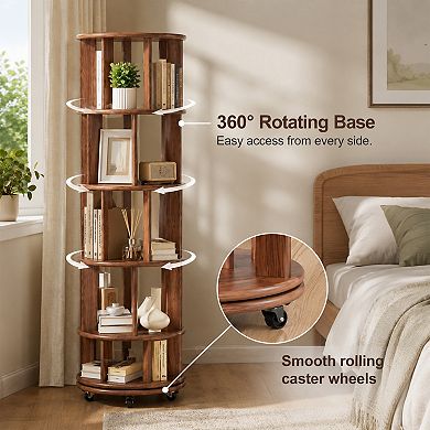 BAOURE Solid Rubberwood 5 Tier Rotating Rolling Bookshelf For Small Spaces Office