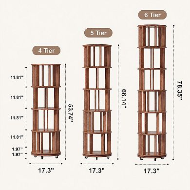 BAOURE Solid Rubberwood 5 Tier Rotating Rolling Bookshelf For Small Spaces Office